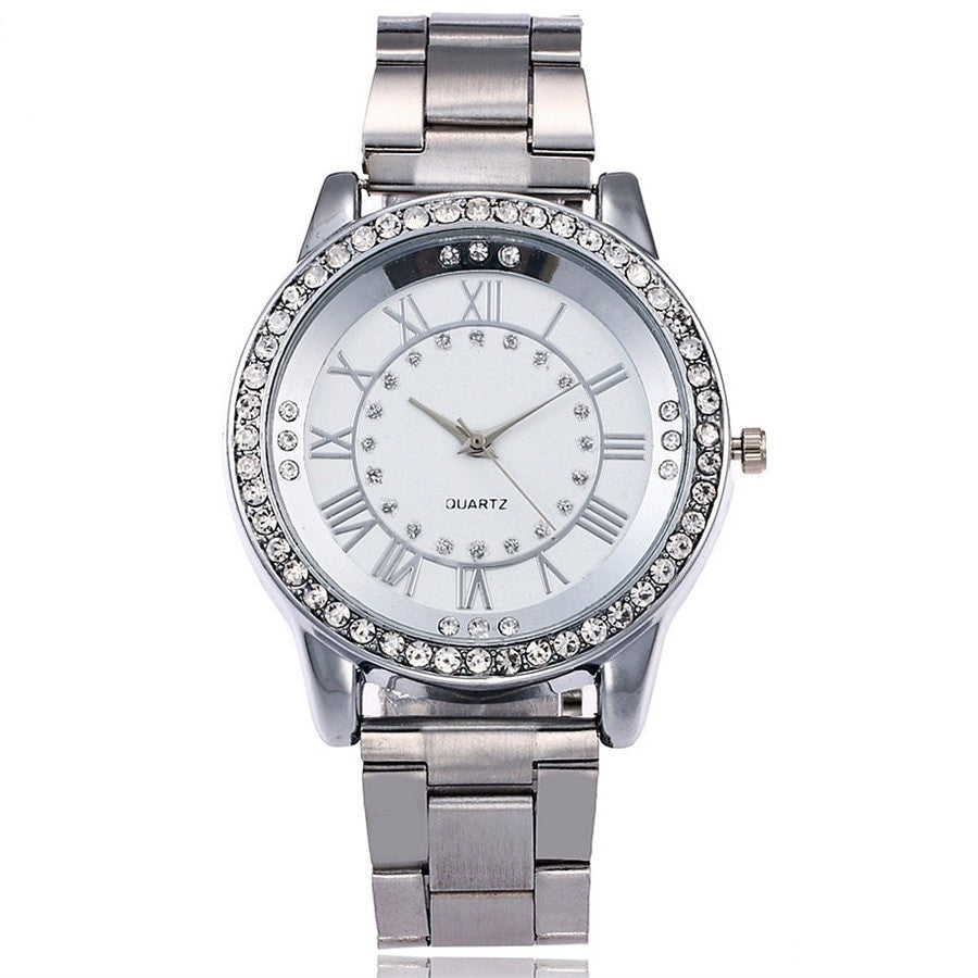 Geneva Luxury Steel Bracelet Diamond Roman Numeral Watch