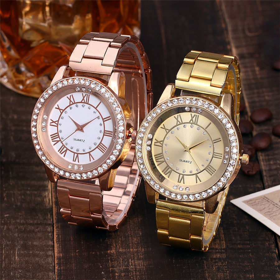 Geneva Luxury Steel Bracelet Diamond Roman Numeral Watch