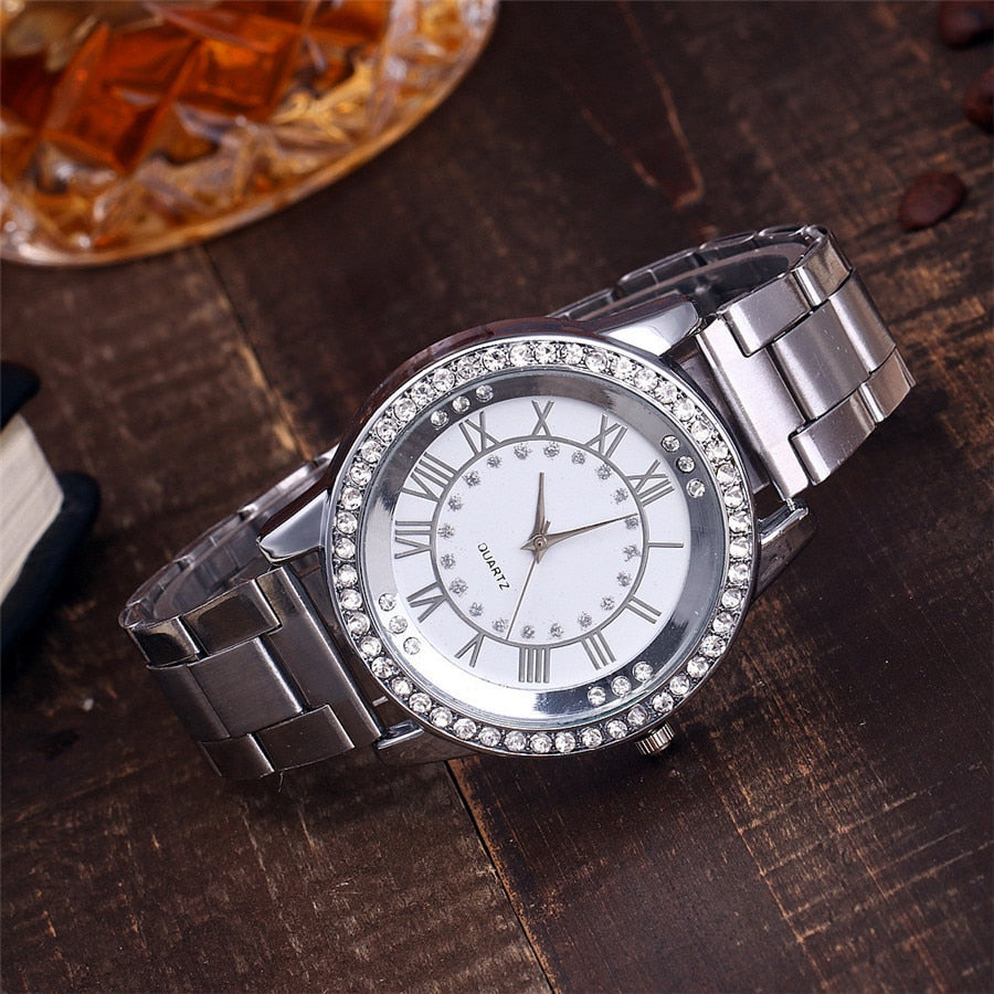 Geneva Luxury Steel Bracelet Diamond Roman Numeral Watch